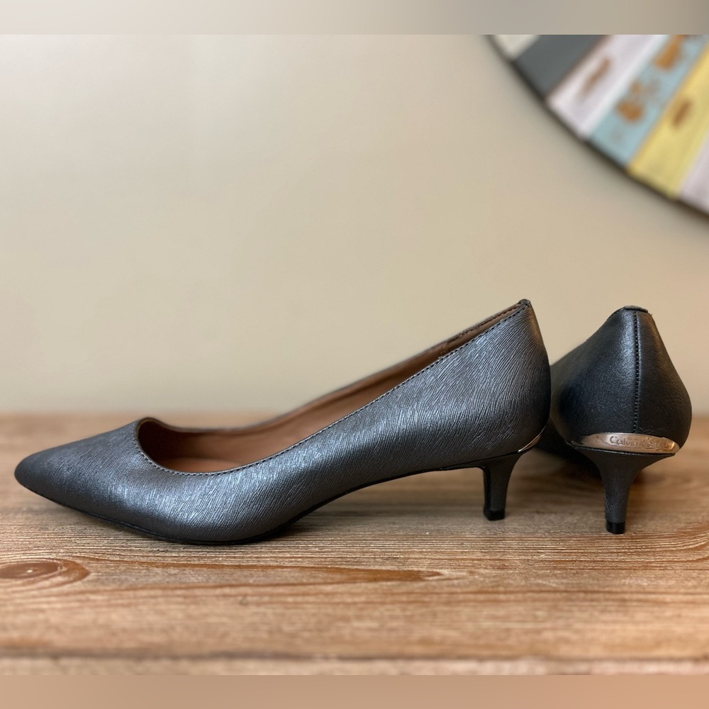 Calvin Klein Pewter Dark Gray Pointed Toe Low Kitten Heel Pumps